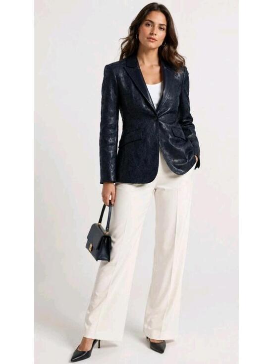 Jackets & Blazers - CINQ À SEPT Cheyenne Embroidered Eyelet Size 4 Faux Leather Blazer Navy NWT #W3